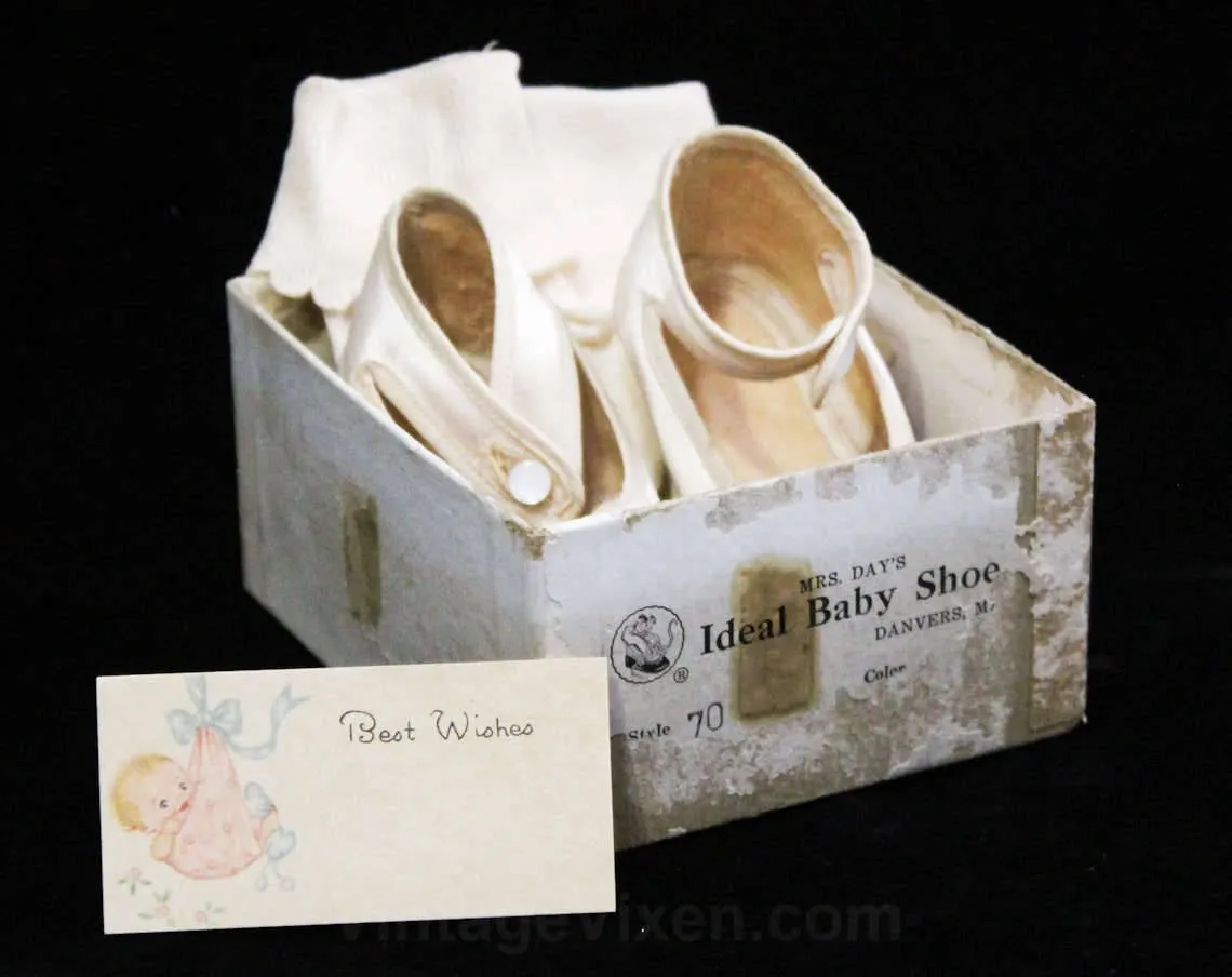 Satin Baby Booties - Size 1 Infants Pair Soft Soled Shoes - 1940s 1950s Tiny Slipper with Socks & Baby Shower Gift Card in Original Box